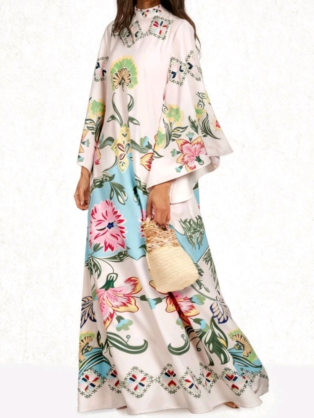 Floral Maxi Caftan Dress in Pastel Pink & Sky Blue